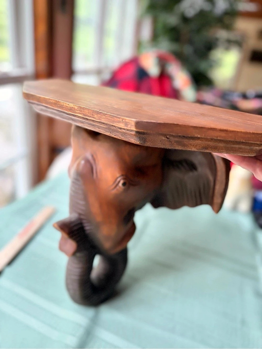 Vintage Hand Carved Elephant Wall shelf/ Decor in Brown stain